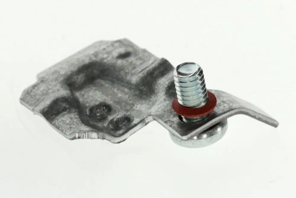 BOSCH Befestigungsblech aus Metall mit integriertem Bolzen und Dichtung. Das Teil scheint für die Montage in technischen Anwendungen vorgesehen zu sein.